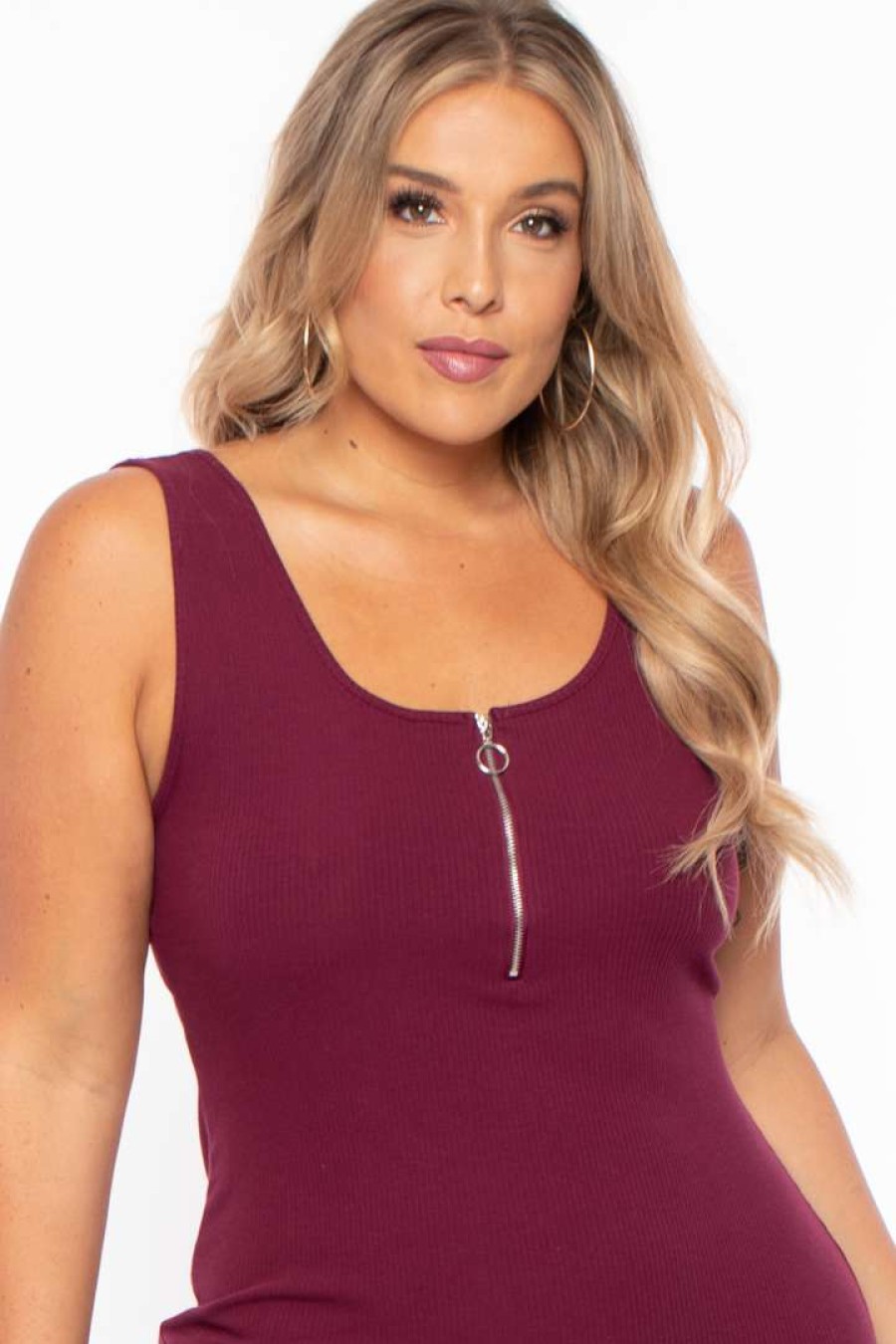 Dresses * | Ambiance Dresses Plus Size Zip-Up Rib Tank Bodycon Dress Burgundy