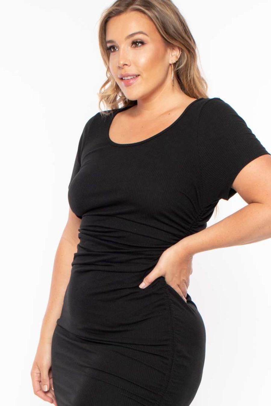 Dresses * | Curvy Sense Dresses Plus Size Ribbed Side Ruched Bodycon Dress Black