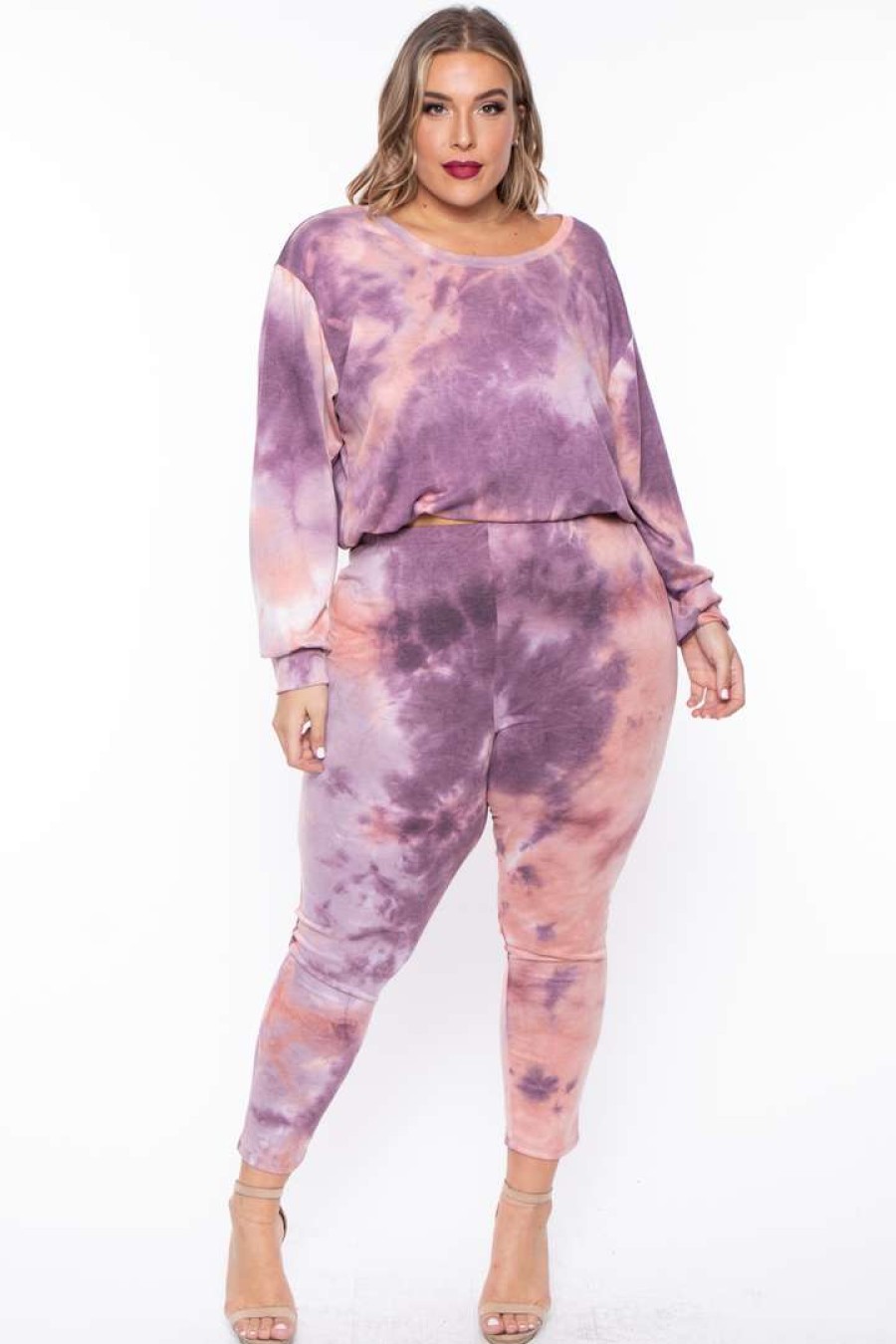 Sets * | Curvy Sense Plus Size Jolene Tie Dye Lounge Pant Set Eggplant