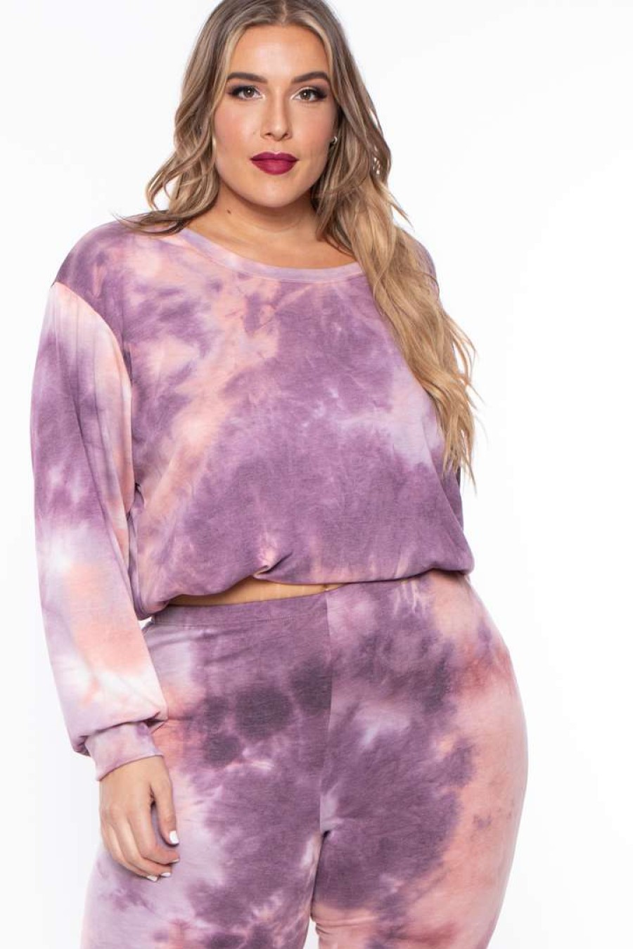 Sets * | Curvy Sense Plus Size Jolene Tie Dye Lounge Pant Set Eggplant