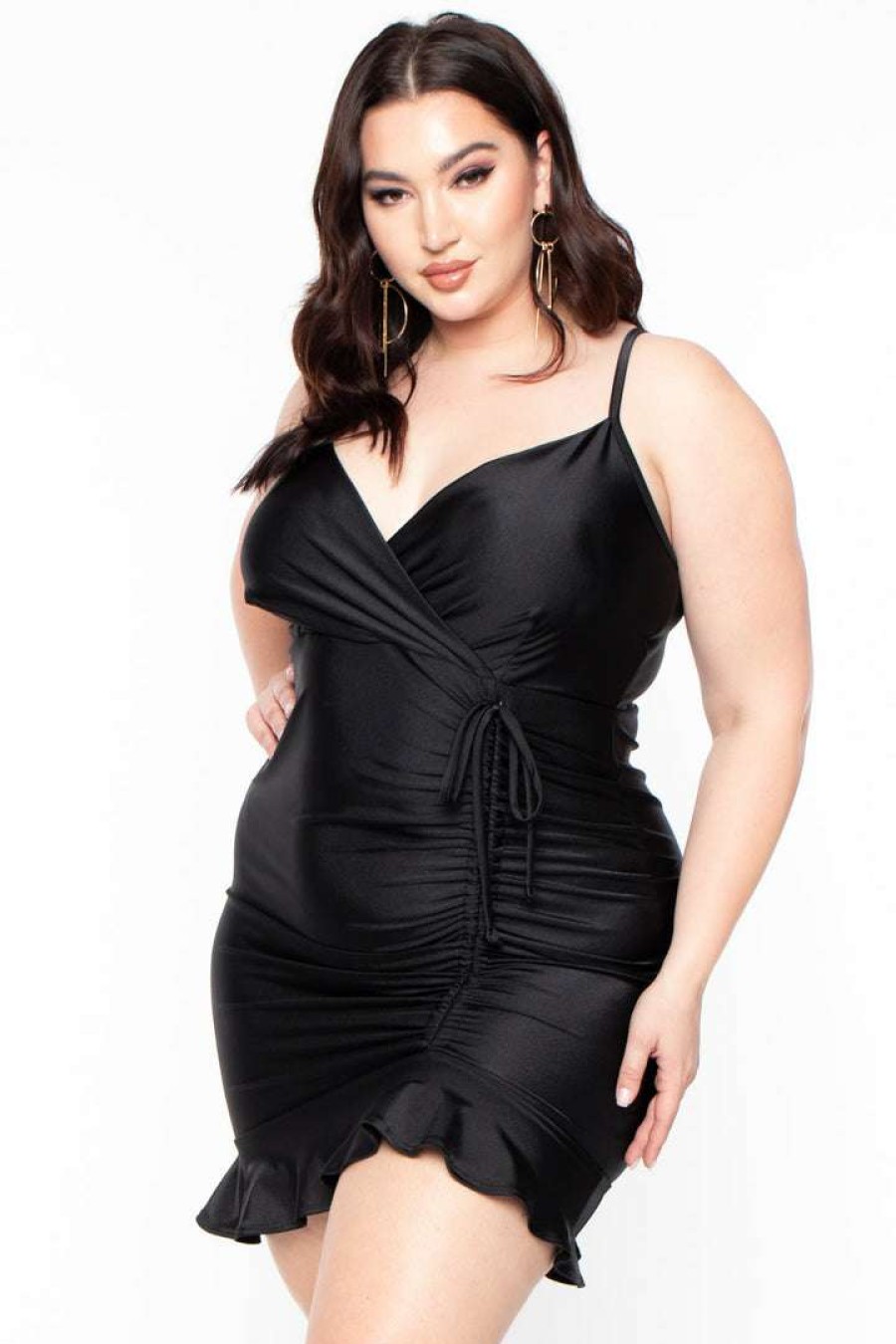 Dresses * | Curvy Sense Plus Size Barbie Ruffled Dress Satin Black