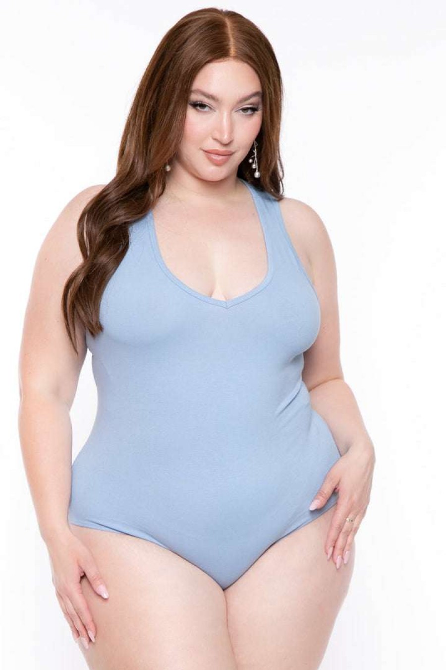 Tops * | Ambiance Tops Plus Size V-Neck Bodysuit Baby Blue