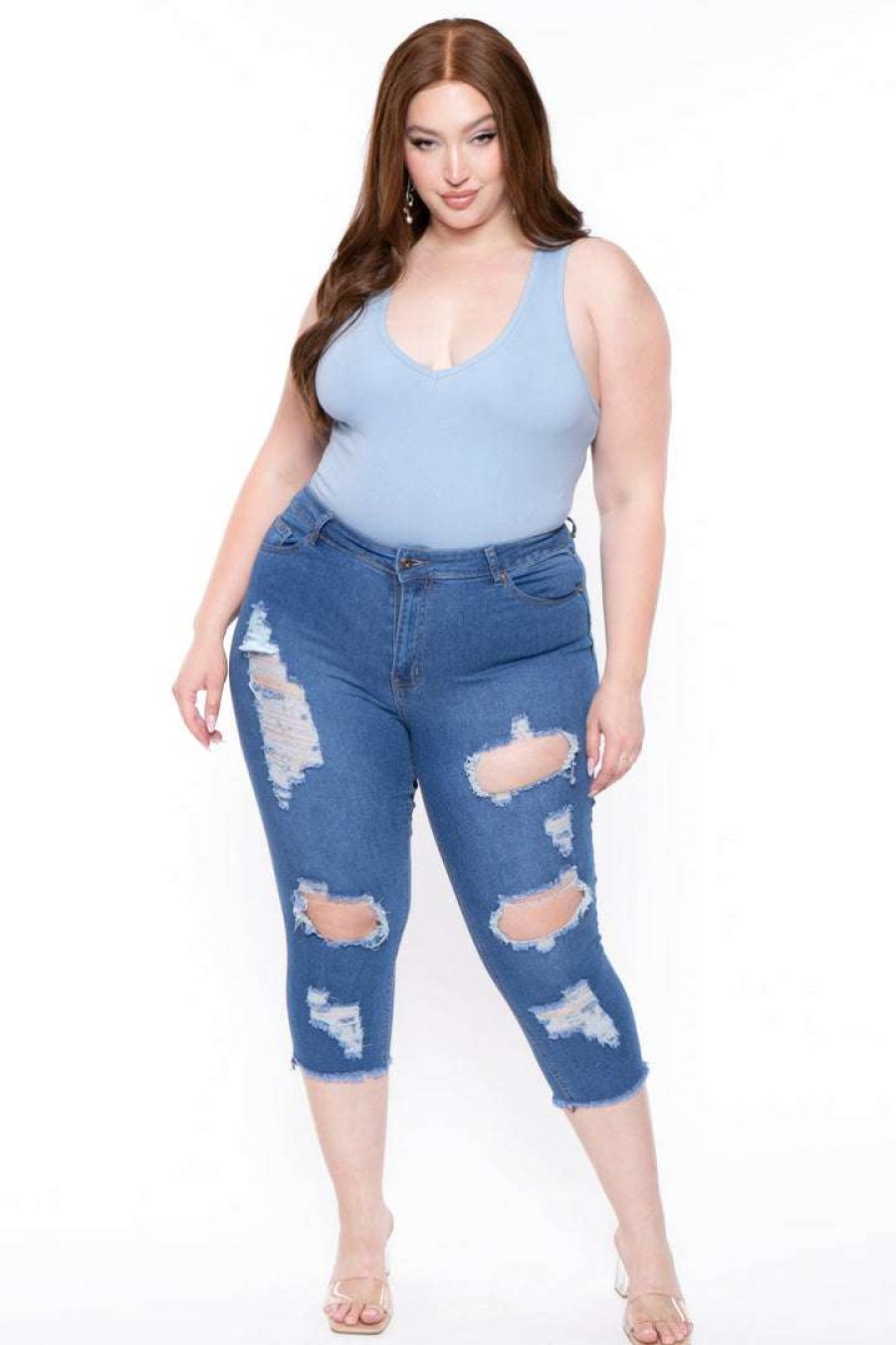 Tops * | Ambiance Tops Plus Size V-Neck Bodysuit Baby Blue