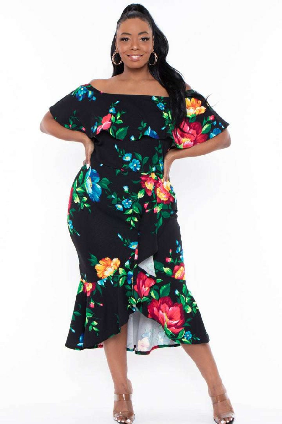 Dresses * | Solid Plus Size Luisa Floral Ruffle Dress Black