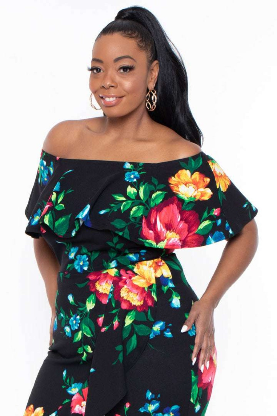 Dresses * | Solid Plus Size Luisa Floral Ruffle Dress Black