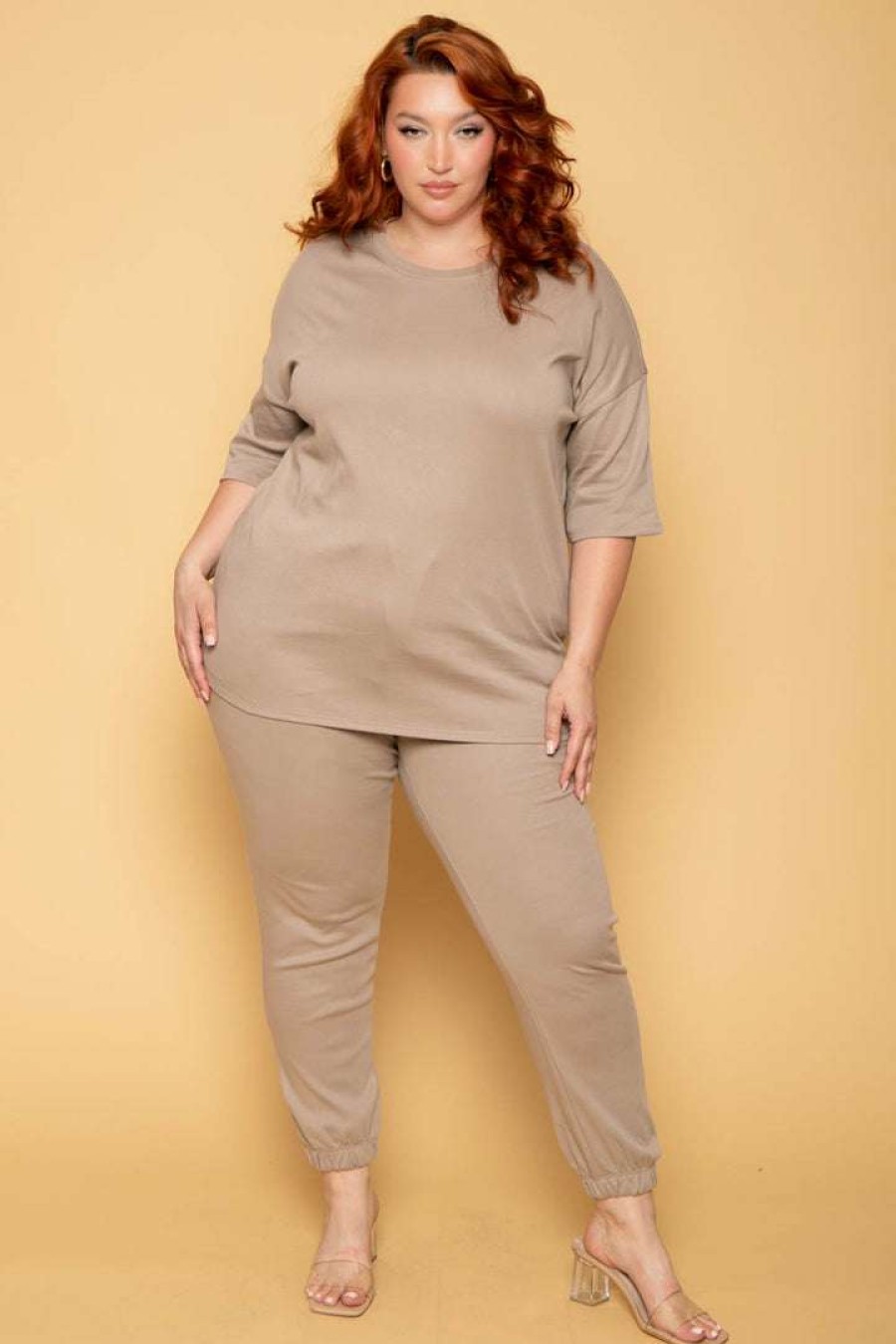 Sets * | Zenana New Arrivals Plus Size Camila Top & Pants Set Mocha