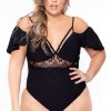 Tops * | Bluebell Plus Size Short Sleeve Lace Inset Bodysuit Black