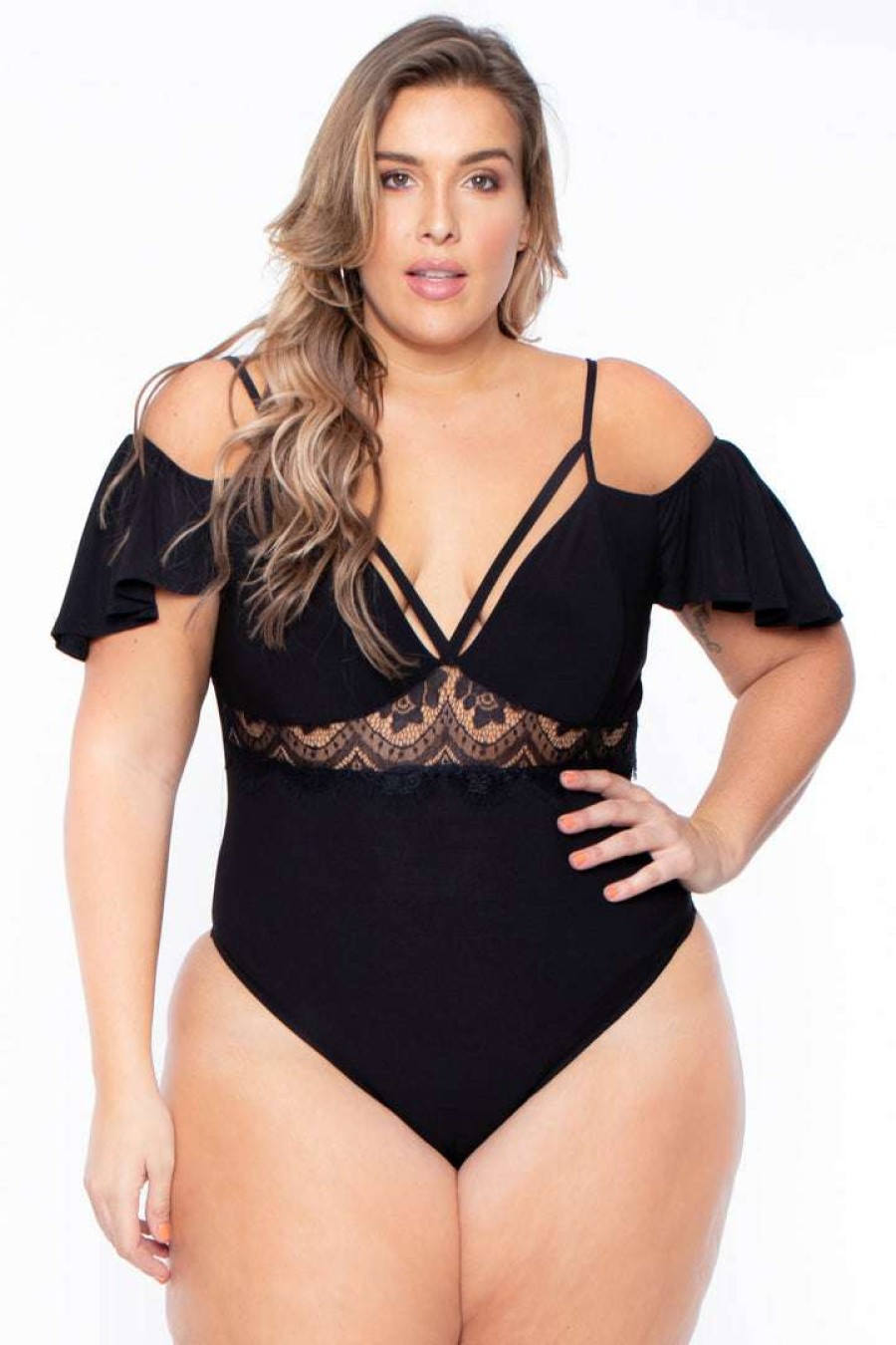 Tops * | Bluebell Plus Size Short Sleeve Lace Inset Bodysuit Black