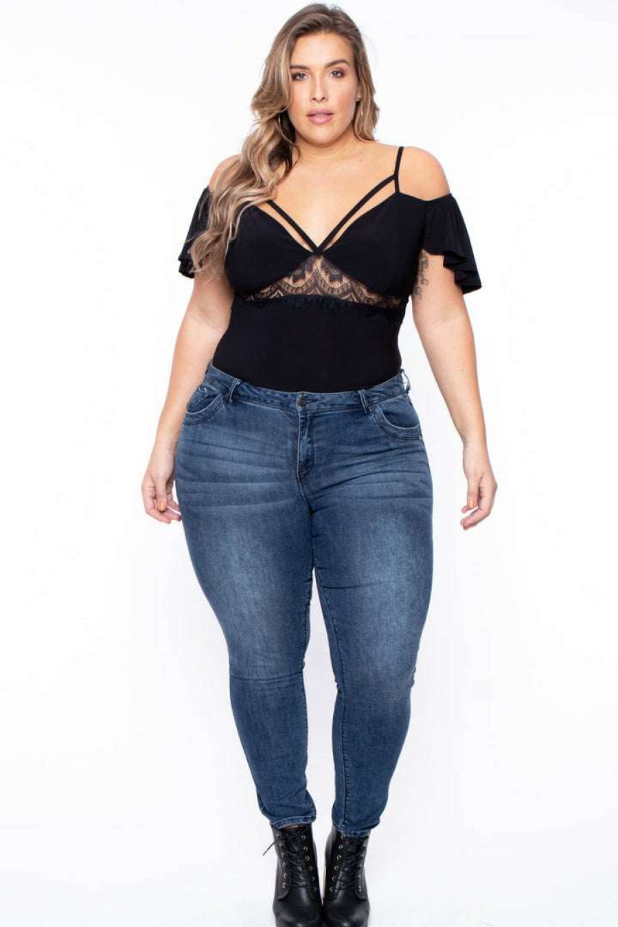 Tops * | Bluebell Plus Size Short Sleeve Lace Inset Bodysuit Black