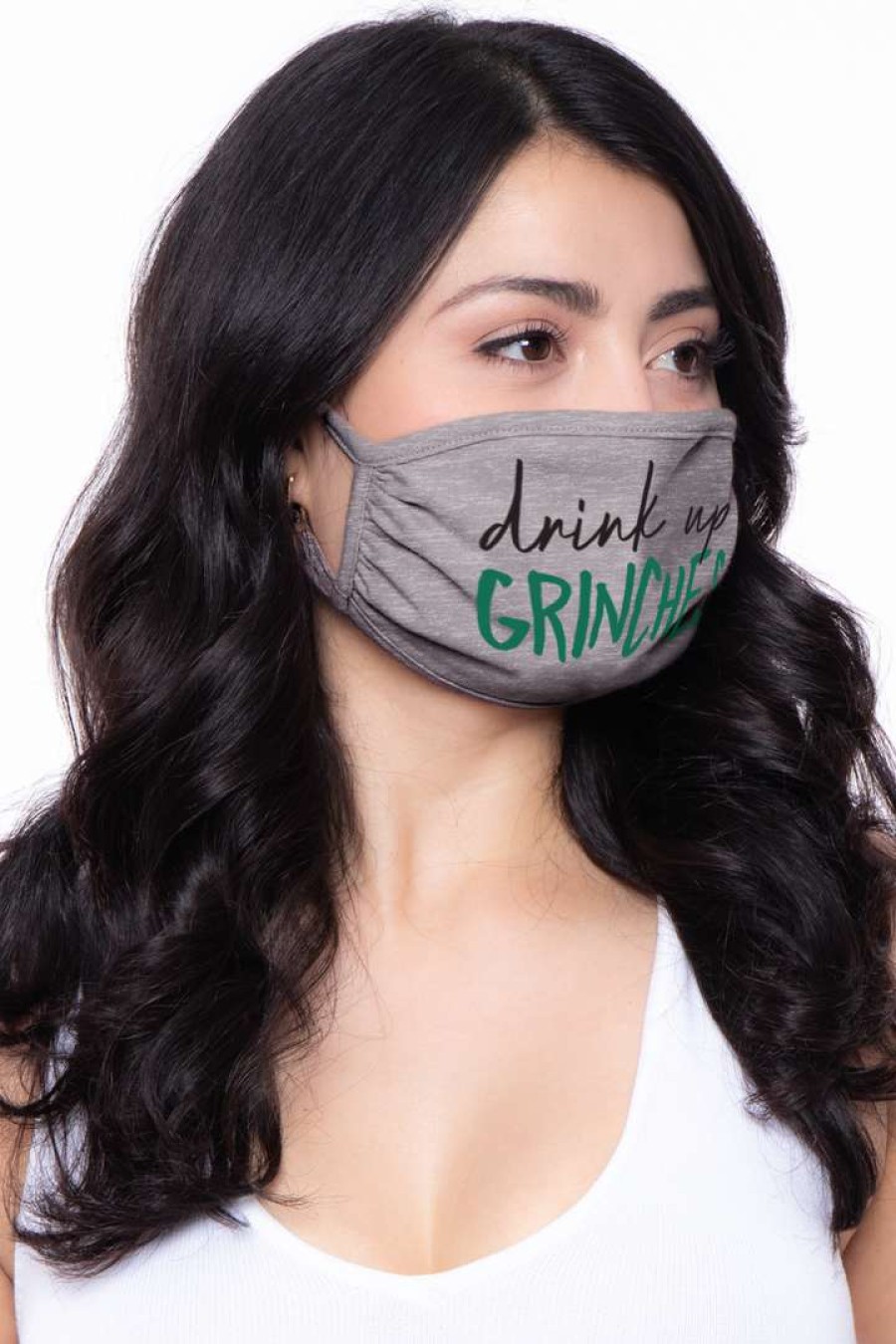 Accessories * | Curvy Sense Washable Christmas Face Mask Drink Up Grinches Grey