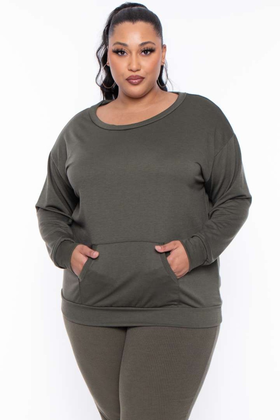 Sets * | Curvy Sense Essential Mix Plus Size Essential Sweatshirt Pullover Olive