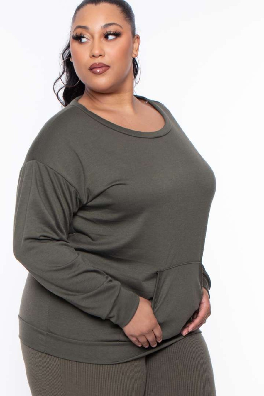 Sets * | Curvy Sense Essential Mix Plus Size Essential Sweatshirt Pullover Olive