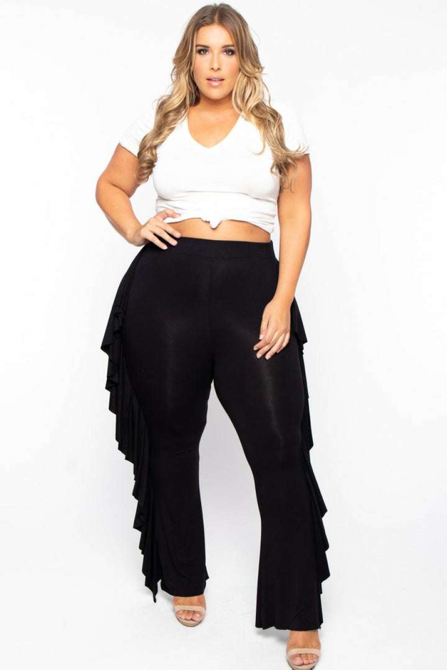 Bottoms * | Curvy Sense Plus Size Ava Ruffle Pants Black