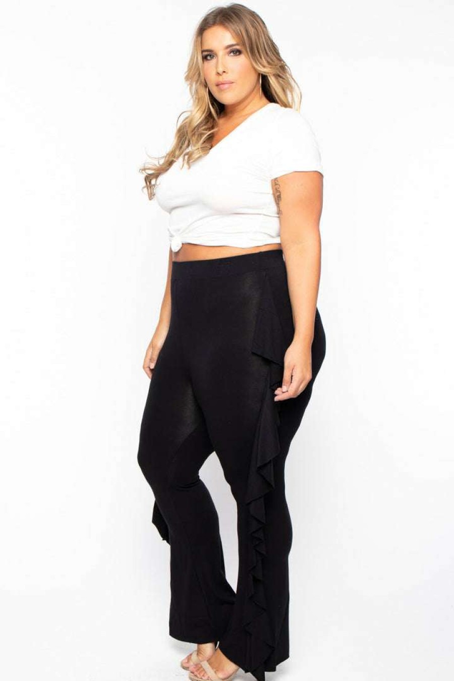 Bottoms * | Curvy Sense Plus Size Ava Ruffle Pants Black