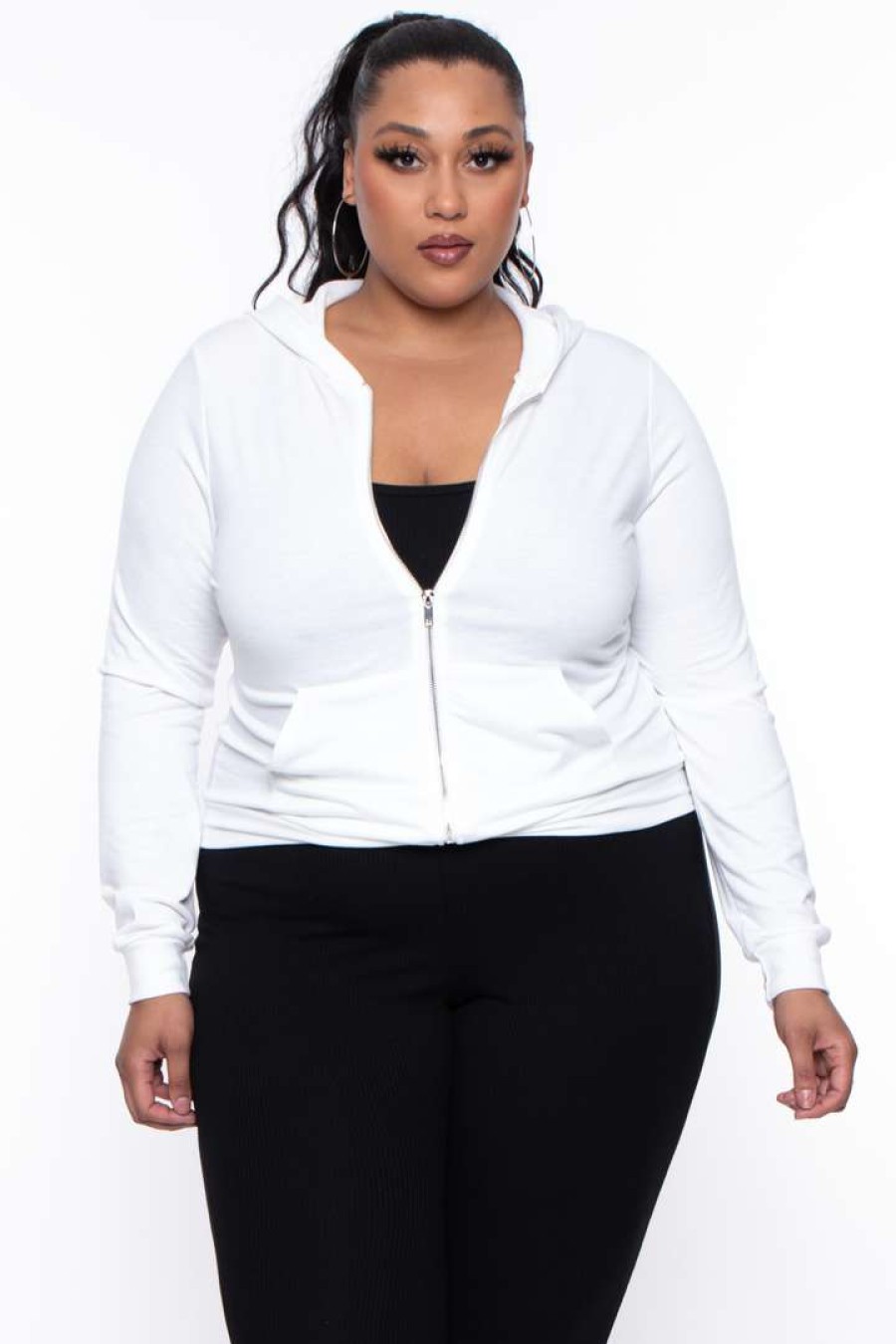 Sets * | Curvy Sense Essential Mix Plus Size Essential Cropped Zip-Up Hoodie Ivory