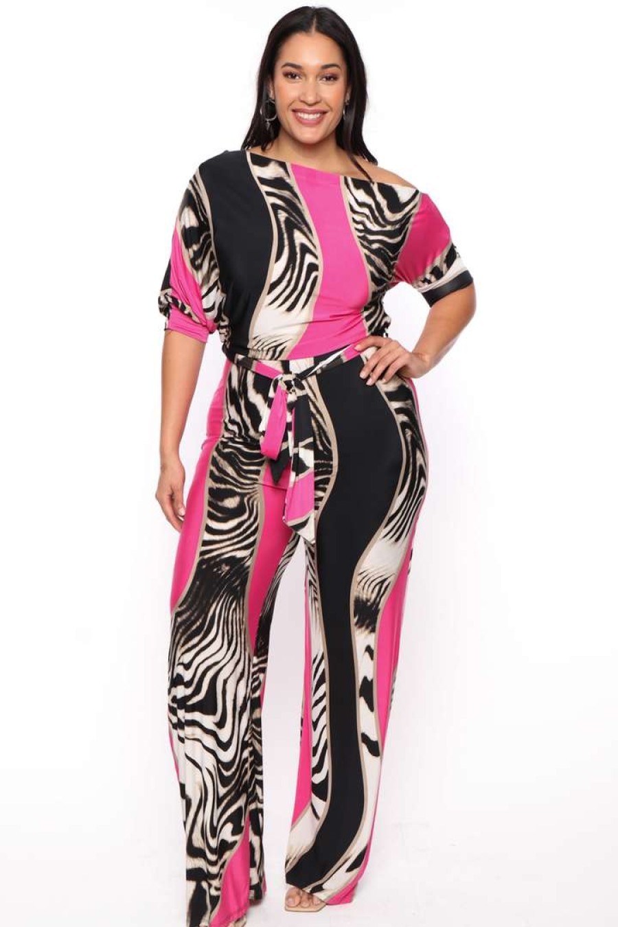 Jumpsuits * | Solid Party Jumpsuilts Plus Size Safari Off Shoulder Jumpsuit Fuchsia