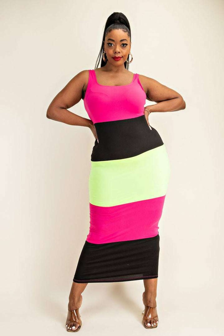 Dresses * | The Curve La Plus Size Lucia Color Block Maxi Dress New Arrivals Fuchsia