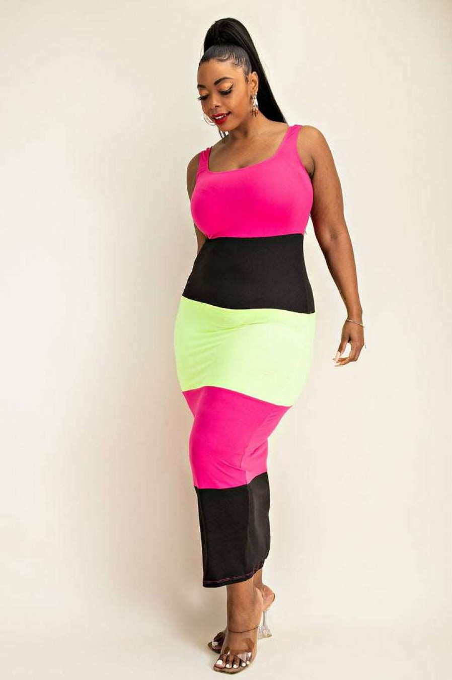 Dresses * | The Curve La Plus Size Lucia Color Block Maxi Dress New Arrivals Fuchsia