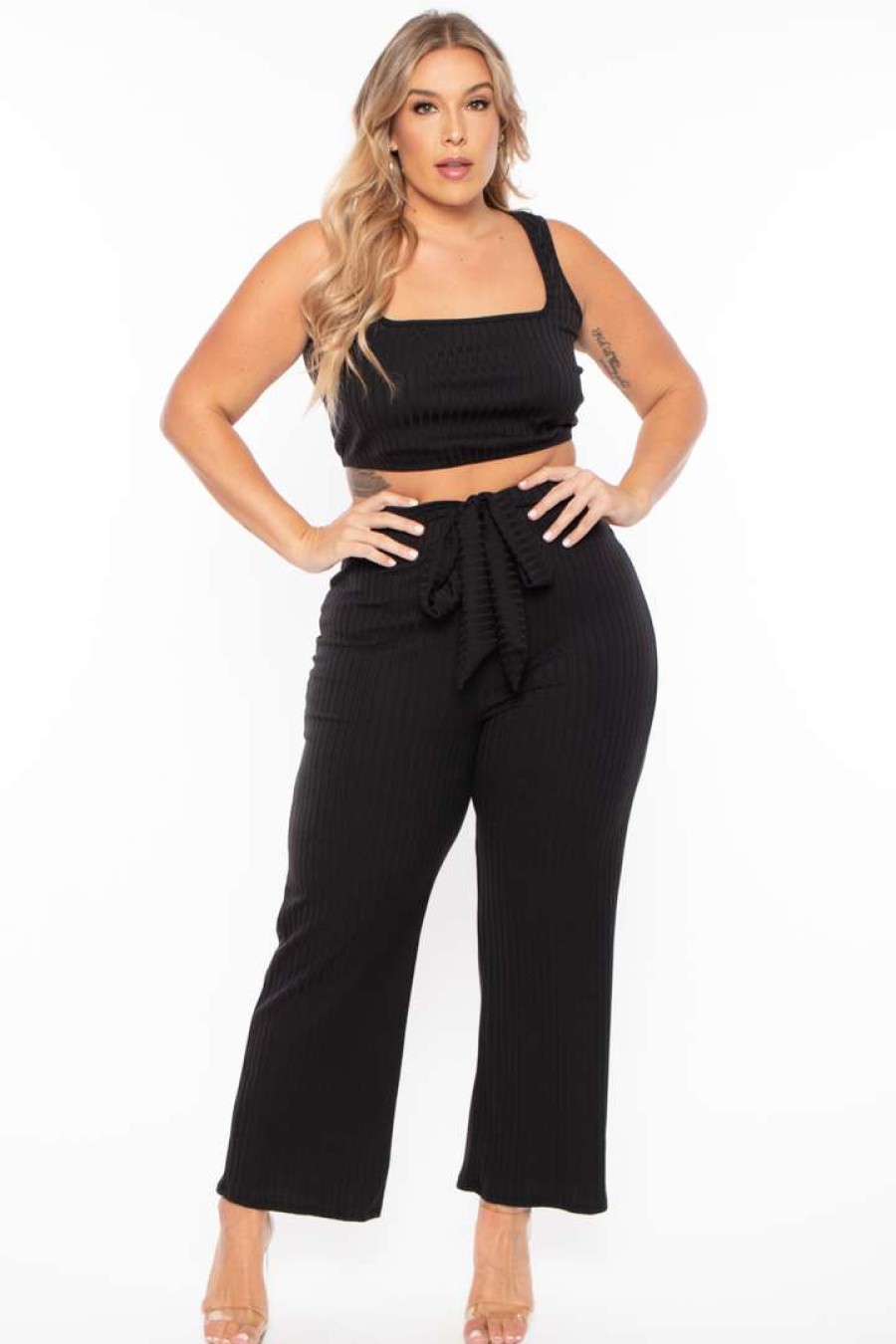 Sets * | Curvy Sense Plus Size Ribbed Crop Top And Pants Set Black