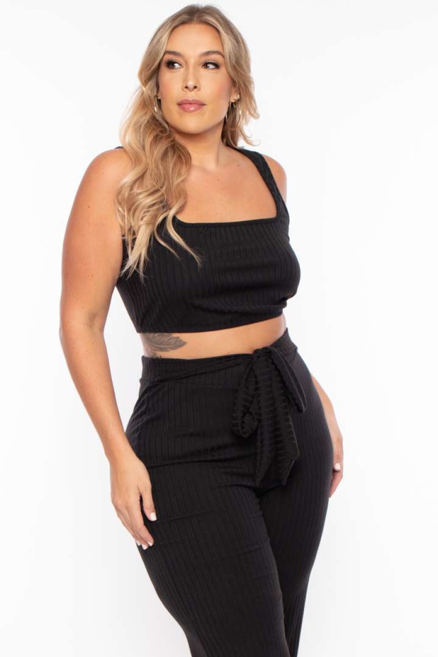 Sets * | Curvy Sense Plus Size Ribbed Crop Top And Pants Set Black