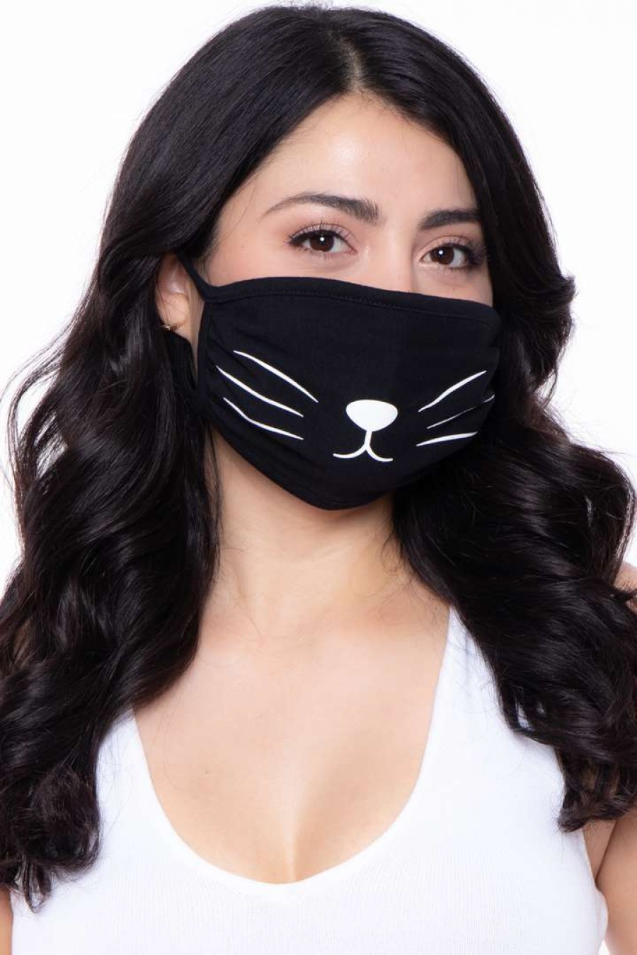 Accessories * | Curvy Sense Washable & Reusable Printed Face Mask Cat Face Masks Black