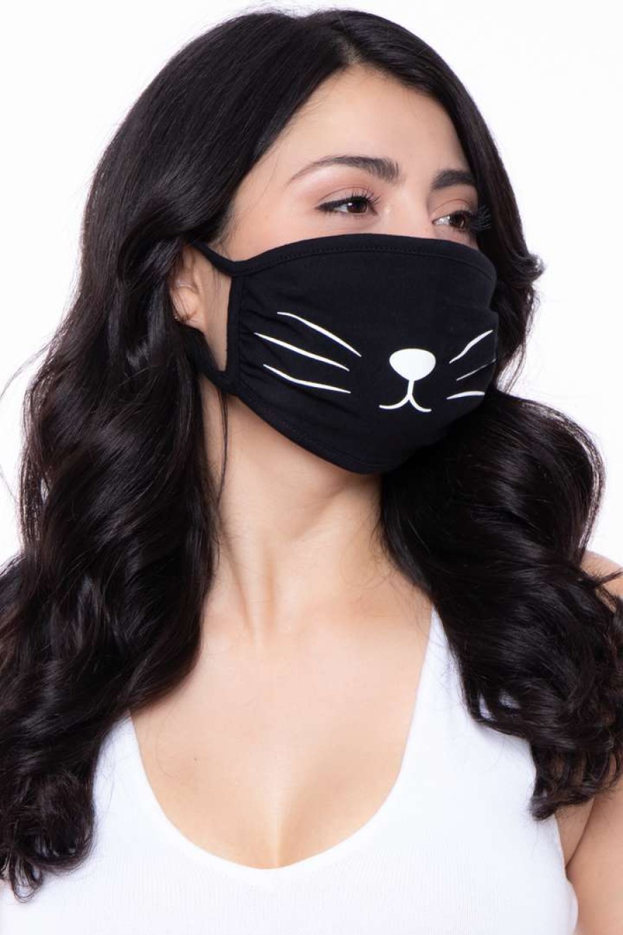 Accessories * | Curvy Sense Washable & Reusable Printed Face Mask Cat Face Masks Black