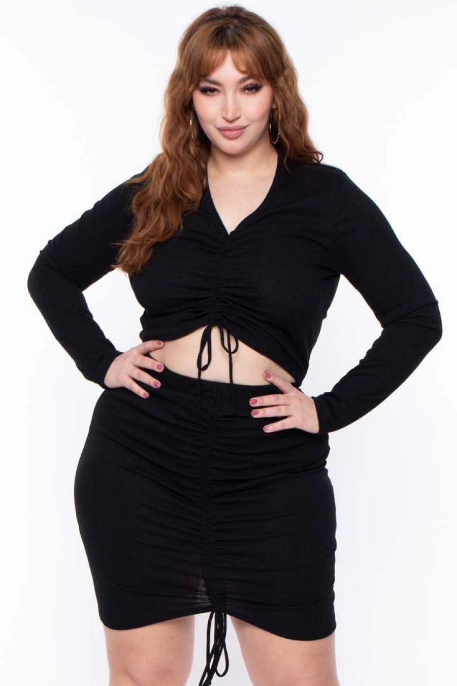 Sets * | Solid Plus Size Kika Crop Top & Skirt Set Matching Sets Black