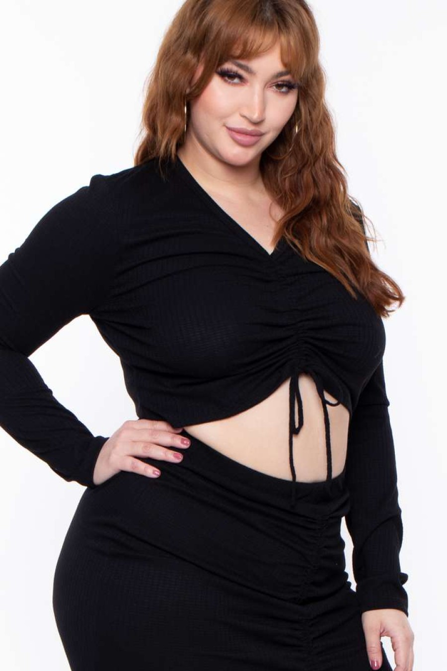 Sets * | Solid Plus Size Kika Crop Top & Skirt Set Matching Sets Black