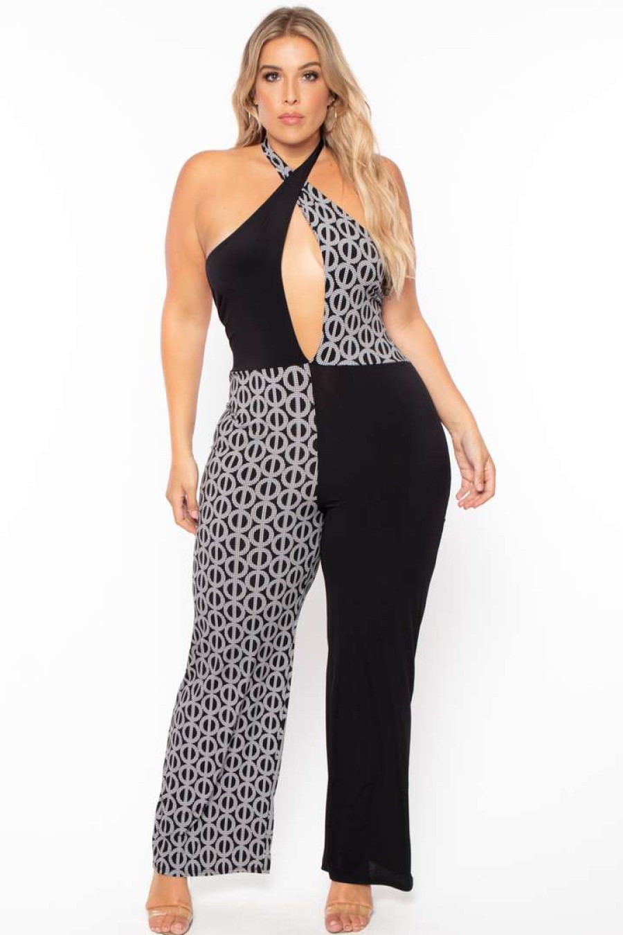 Jumpsuits * | Solid Plus Size Halter Rings Print Jumpsuit Black