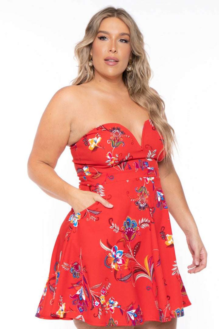 Dresses * | Curvy Sense Plus Size Kaila Floral Dress Red