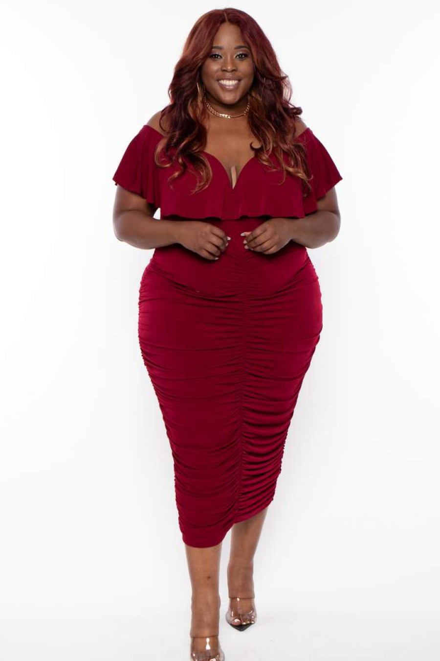 Dresses * | Curvy Sense Plus Size Roni Ruched Bodycon Dress Back In Stock Burgundy